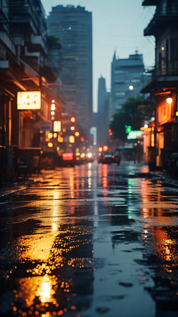 ankix3's tweet photo. [Street corner glow after rain — city life hits different when the wet pavement reflects the twilight lights. Quick snap, unplanned, perfect little moment.]， https://t.co/2j8T8dRuF4