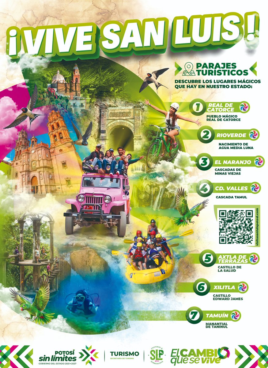Pensiones_SLP's tweet photo. ✨ ¡Tu próxima aventura está en San Luis Potosí! 🗺️🌵
Descubre los parajes mágicos que nuestro estado tiene para ti:
1️⃣ Real de Catorce | Pueblo Mágico
2️⃣ Rioverde | Nacimiento de Agua Media Luna
3️⃣ El Naranjo | Cascadas de Minas Viejas
4️⃣ Cd. Valles | Cascada Tamul
5️⃣ Axtla de Terrazas | Castillo de la Salud
6️⃣ Xilitla | Castillo Edward James
7️⃣ Tamuín | Manantial de Taninul

📲 Escanea el código QR de la imagen o visita https://t.co/PpMD5bOO2I para planear tu viaje.

#ViveSanLuis
#TurismoSLP 
#PotosíSinLímites 
#ElCambioQueSeVive