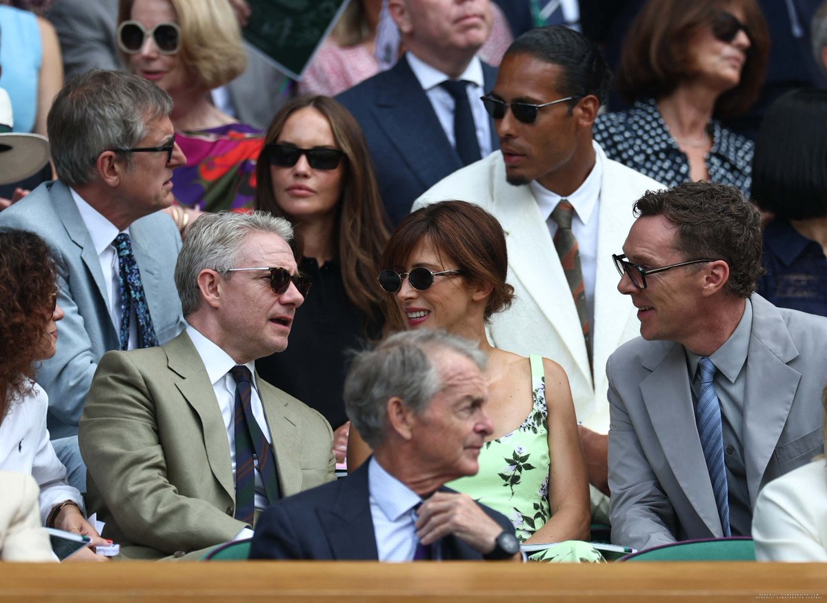 cumberbatchcom's tweet photo. [GALLERY UPDATE] Benedict Cumberbatch, Sophie Hunter and Martin Freeman attending day twelve of the 2026 Wimbledon Tennis Championships earlier today

https://t.co/cxoEYiH7ME https://t.co/dl54iHWYPV