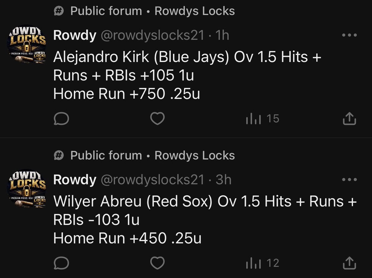 TheRowdyRhymes's tweet photo. CASH Wilyer Abreu O1.5 HRR✅ Home Run ✅ Alejandro Kirk O1.5 HRR✅ https://t.co/ZD5vfzcysD