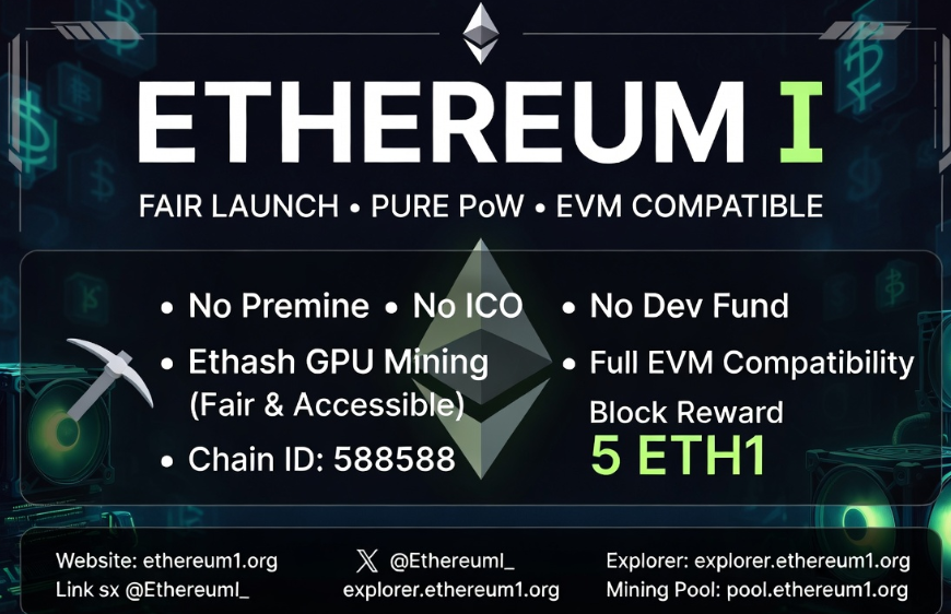 Alch0808's tweet photo. #POW #挖矿 #新项目 #ETH
Ethereum I（ ETH1）
上线时间：2026年7月10日
使用 Ethash  PoW 算法完整 EVM 兼容（可直接部署以太坊智能合约和 dApp）
共识：PoW（Ethash，epoch 长度 30,000）
出块奖励：5 ETH1 / 块
目标出块时间：15 秒
Chain ID：588588
Gas Limit：30,000,000
全部 EIP 在创世块激活
官网：https://t.co/Bi4oAIKmPA
矿池：https://t.co/KaHD8atBk5（支持 PPLNS + SOLO）
GitHub：https://t.co/C5YGR6lkLr（CoreGeth 配置）
项目状态：极早期阶段。GitHub 仓库 6 月底才发布（最近 2-3 周）。属于典型的社区实验型小众 PoW 分叉。
技术：EVM 完全兼容，熟悉以太坊工具的开发者几乎零成本就能部署合约
适合：对 PoW 和公平启动有强烈情怀、喜欢自己搭节点/挖矿，玩目可能慢慢发展成一个小社区链，也可能逐渐沉寂。