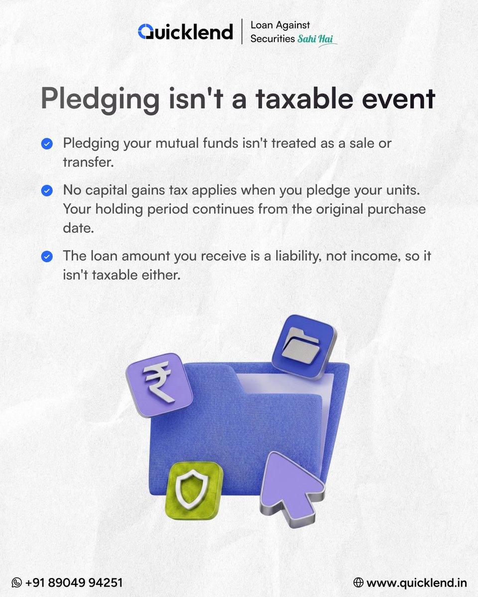 quicklendhq's tweet photo. Most people assume pledging mutual funds for a loan means paying tax immediately. It doesn't.

Tax only shows up later: on redemption, a forced sale, or dividends. Here's the full breakdown.

#LAMF #MutualFunds #Taxation #Quicklend https://t.co/OeNuFClFaT