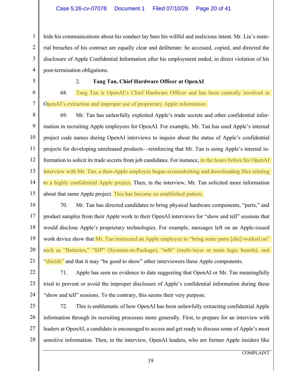 ns123abc's tweet photo. >be Tang Tan
>24 YEARS at Apple
>VP of Product Design, iPhone AND Apple Watch
>you know every team. every project. 
>every name worth taking

>months BEFORE you leave:
>meet with OpenAI’s people
>email yourself Apple supplier intel
>apple is literally paying you while you betray them

2024: leave, co-found io with Jony Ive
2025: OpenAI buys it for $6.5 BILLION

>a one-year-old company. no product
>you’re now Chief Hardware Officer
>you’re paid in OpenAI pre-IPO shares

begin the great unbuilding of Apple

>one by one, apple’s hardware people vanish
>engineers. designers. supply chain leads

>you know which head holds which secret
>you are the mastermind 
>you pick accordingly

>interviews are not interviews
>drop secret codenames like you still work there:
> “what’s the plan?”
>candidates cram STOLEN FILES the night before like it’s finals week

>“bring Actual parts for show and tell”
>apple employees smuggling batteries and logic boards out of Apple Park in their bags
>one guy, genuinely confused: “didn’t even know we could take those from the office”
>you knew

>hand every new hire Apple’s own security manual BEFORE they resign
>the document literally lists the rules they’re about to break
>openai staff, cheerfully: “a checklist that Tang put together”

>tang did not put it together
>APPLE put it together
>tang took it on his way out

Tang Tan spent 24 years learning how Apple keeps secrets. Then 14 months teaching people how to leave with them.

APPLE IS PERSONALLY SUING HIM FOR: TRADE SECRET THEFT. BREACH OF CONTRACT. WILLFUL. EXEMPLARY DAMAGES.