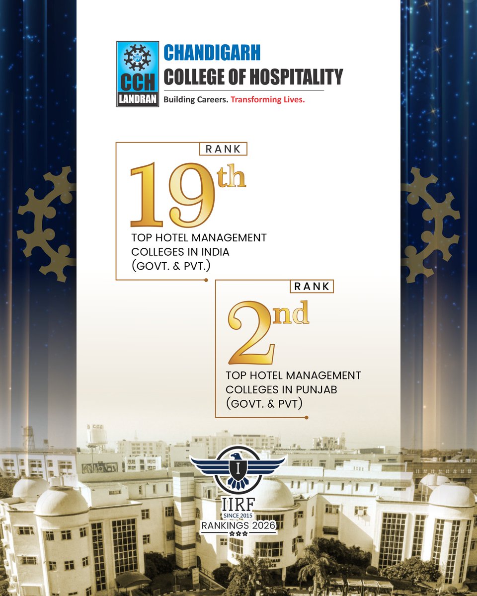 CGCPunjab's tweet photo. The IIRF Rankings 2026 celebrate the collective excellence of CGC Landran across Hospitality, Management, and Technology. Every achievement reflects our commitment to shaping future leaders.

One Name. One Legacy. Many More Milestones to Come. 

#IIRFRankings2026 #CGCLandran https://t.co/SRbP9rl8Sp