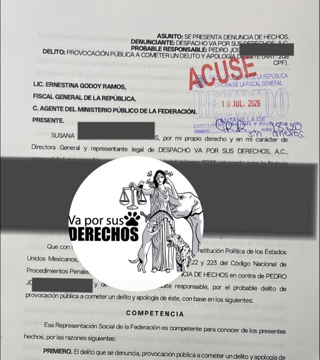 DerechosVa's tweet photo. .@ErnestinaGodoy_ @FGRMexico El despacho Va por sus derechos presentamos denuncia por hechos constitutivos de probables delitos, en contra de los conductores que emitieron comentarios en un medio de comunicación masivo.
El desconocimiento de la ley no exhime de responsabilidad https://t.co/P1SGtdwjuE
