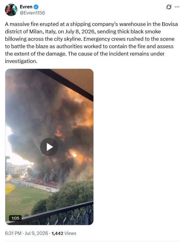 vishalPosts's tweet photo. The viral video does not show Iran destroying Israeli military facilities or killing Mossad agents. 

It actually shows a massive fire that broke out on July 8, 2026, at the warehouse of an international shipping company in the Bovisa district of Milan, Italy. The blaze sent huge plumes of black smoke across the city as firefighters responded to the incident.