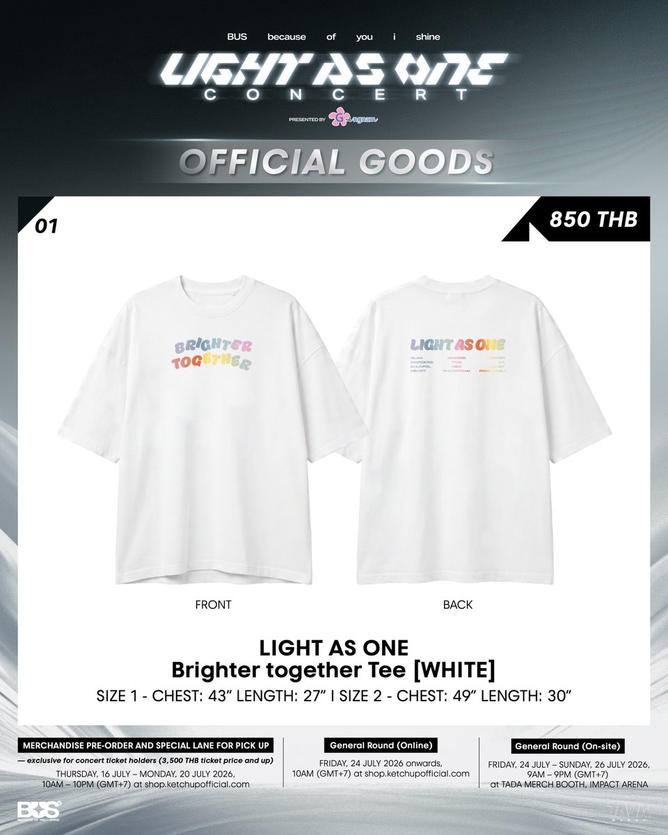 TADAMERCH's tweet photo. OFFICIAL GOODS

✨ LIGHT AS ONE Brighter together Tee [WHITE] (850THB)
SIZE 1 - CHEST: 43" LENGTH: 27" 
SIZE 2 - CHEST: 49" LENGTH: 30"

BUS because of you i shine
LIGHT AS ONE CONCERT
Presented by Gangnam Clinic

#BUS_LIGHTASONE
#BUSbecauseofyouishine
#TADAMERCH https://t.co/wdgWNlwwGN