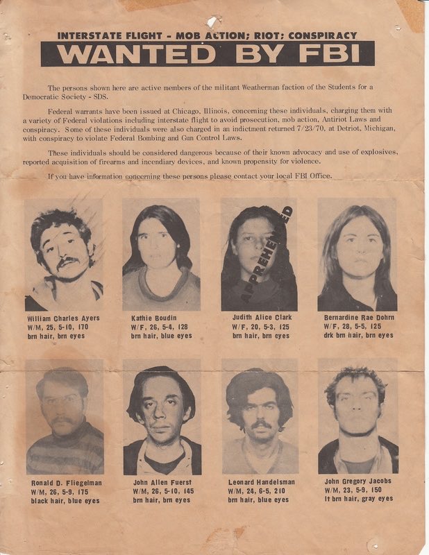 dfmflorida's tweet photo. @walterkirn Indeed, a wonderful thing you did. You thereby also saved the prime, familiar spot for posting the FBI’s essential Weathermen Most Wanted List where I learned what the miscreants Ayers and Dohrn looked like. https://t.co/4h4F0LLWTL