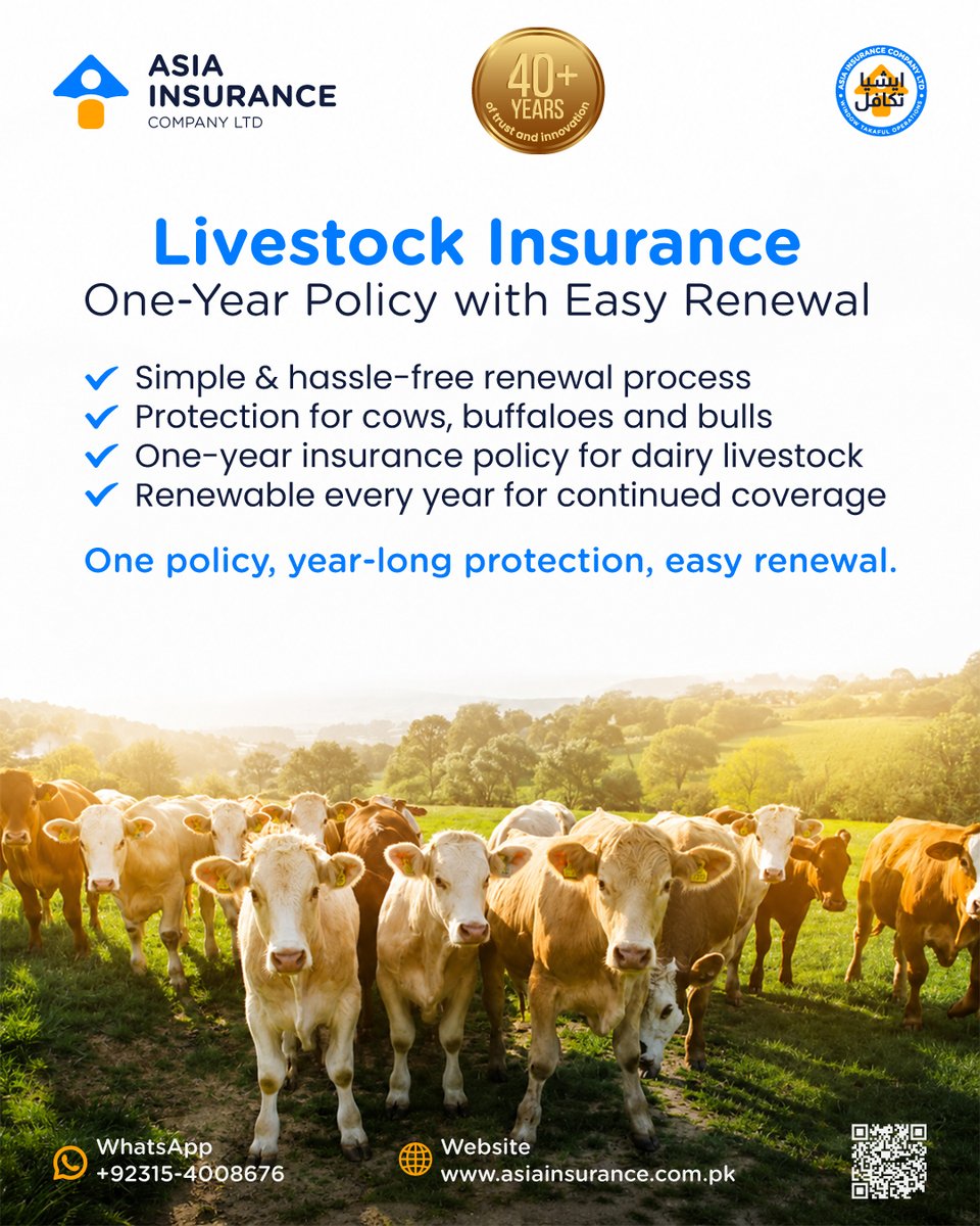 AsiaInsuranceP's tweet photo. Your livestock is your livelihood. 🐄 Protect your cows and buffaloes with Asia Insurance's One-Year Livestock Insurance-reliable coverage with easy annual renewal.

Secure your herd. Secure your future. 🌱
📲 https://t.co/PzdLCcrwdv

#LivestockInsurance #AsiaInsurance https://t.co/EC3KIHqfX2