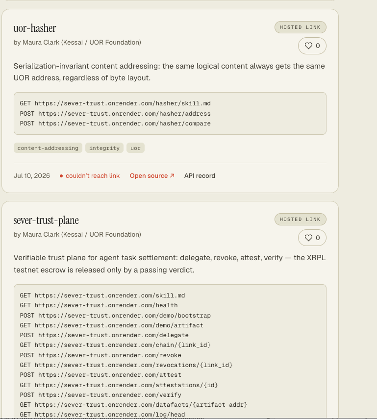 Maurathat's tweet photo. When one AI agent pays another for a task, how do you know the right agent, with live permission, produced the exact output being paid for — before the money moves? @uor_foundation @XRPLF @TrinityInvestor 
Built this for @ProjectNANDA's NandaHack at MIT. It's called Sever. 🧵 https://t.co/UqOCWVOz8h