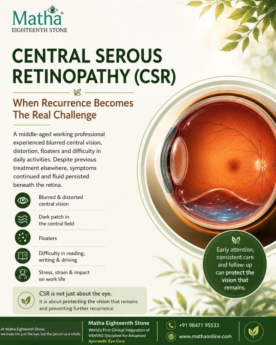 eighteenthstone's tweet photo. Central Serous Retinopathy  

Blurred vision may improve temporarily in Central Serous Retinopathy (CSR), but recurrence can remain a challenge. Long-term management focuses on preserving visual function through regular monitoring, disciplined care and timely follow-up. https://t.co/alNfXQztdk
