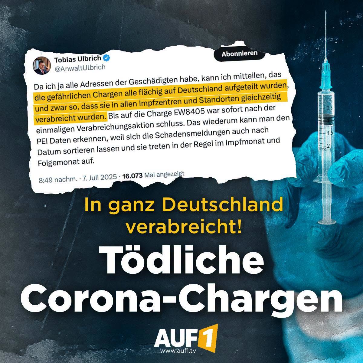 daniel_gugger's tweet photo. 888 𝗦𝘁𝗿𝗮𝗳𝗮𝗻𝘇𝗲𝗶𝗴𝗲

𝗕𝗲𝘀𝗼𝗻𝗱𝗲𝗿𝘀 𝘁𝗼̈𝗱𝗹𝗶𝗰𝗵𝗲 𝗖𝗵𝗮𝗿𝗴𝗲𝗻 𝗯𝗲𝗶 𝗖𝗼𝘃𝗶𝗱-𝗦𝗽𝗿𝗶𝘁𝘇𝗲𝗻

Unter den Covid-Impfstoffen soll es besonders tödliche Chargen gegeben haben.  

Nach Angaben des Rechtsanwalts Tobias Ulbrich wurden diese Chargen  bundesweit verteilt und zeitgleich in Impfzentren in ganz Deutschland  verabreicht. 

Die Impfgeschädigte  Katharina Koenig ruft Betroffene nun dazu auf, sich einer Strafanzeige  zu drei bestimmten Chargen des Herstellers Biontech/Pfizer  anzuschließen. 

Konkret geht es  um die Chargen EX8679, FD7958 und FE6975. 

Für diese lägen bereits entsprechende Gutachten vor. 

Vertreten werden die betroffenen Fälle von  Rechtsanwalt Tobias Ulbrich.