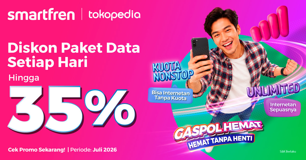 smartfrenworld's tweet photo. Diskon hingga 35%, GASPOL Beli paket data SMARTFREN di Tokopedia lebih hemat.
Cek Promo di https://t.co/Xb2dGMsw4M

#SMARTFRENxTokopedia #SMARTFRENGaspolHemat https://t.co/tIKfzqVpIo