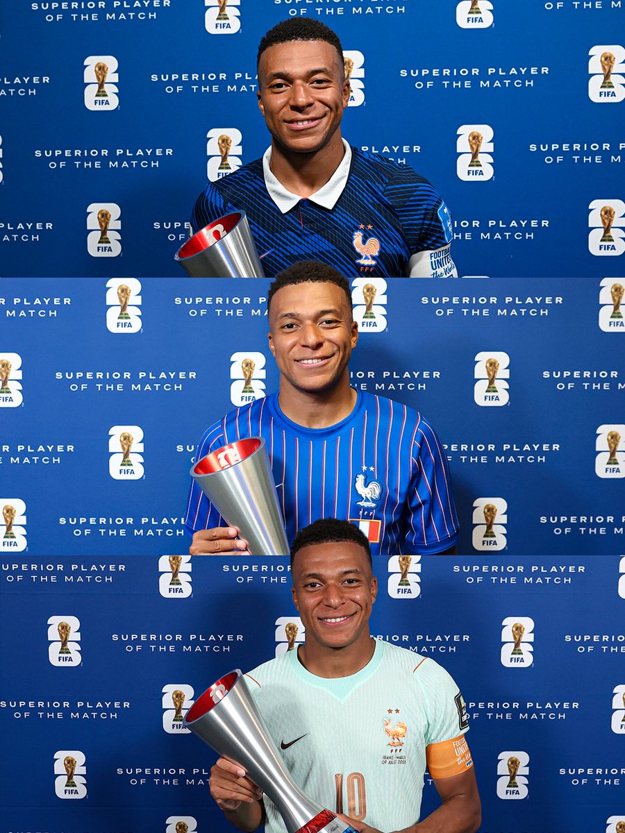 slickvipe's tweet photo. Kylian Mbappé collecting Player of the Match awards like it’s routine. 🏆🇫🇷
Spain, you’re next. 👀🔥
#Mbappe #France #WorldCup2026 #FranceVsSpain #Football #FIFAWorldCup https://t.co/7BW5u6NVU0