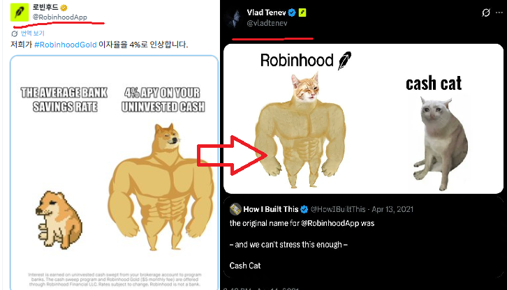 yeonwoo1102's tweet photo. 0x473c2d32e28c66d7ef55a9c9f392325007366ddf
try
It’s not a perfect beta play, but there are definitely some interesting similarities.
In the end, the image was posted by Robinhood itself, and in Cashcat’s case, there’s also a very similar image associated with the Robinhood CEO.
One is already sitting around a $180M–$200M market cap, while the other is still relatively small. From a risk/reward perspective, I think that’s a pretty interesting gamble.
Also, if the cat ends up becoming the leading meme on the chain, I wouldn’t be surprised to see a dog narrative emerge as well. It’s simple, intuitive, and easy for people to understand.