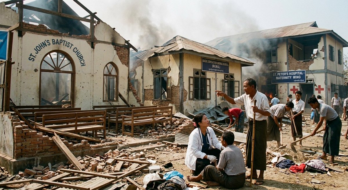 agga7's tweet photo. In the Myanmar civil war, the terrorist military junta is deliberately bombing hospitals, schools, and churches. Healthcare and community leaders must find ways to step in and help.#help https://t.co/VJazm2RtYM