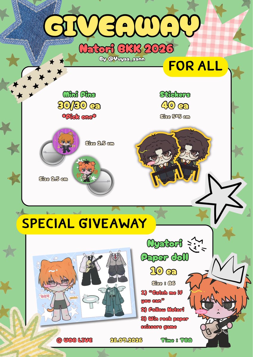 Yuyaa_sann's tweet photo. 🎸⚡️ Giveaway / Freebies #natoribkk2026

Natori ONE-MAN LIVE TOUR IN BKK

⭐️ mini pins 60 ea (pick one)
⭐️ Natori shachō stickers 40 ea
🌟 Nyatori paper doll 10 ea (อ่านเงื่อนไขการรับได้ข้างล่างค่า🫶)

🗓️ 28.07.2026
📍UOB Live
⏰ TBA

มารับกันเยอะ ๆ น้า🤩🤘 https://t.co/kDScpi17XP