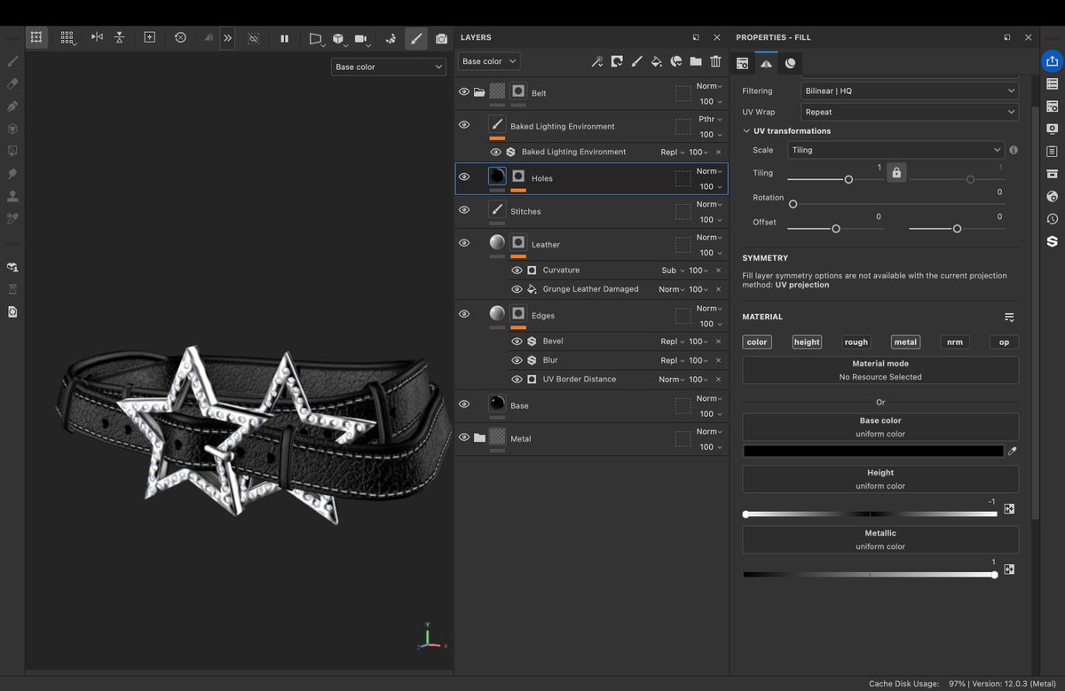 hokart599408's tweet photo. Simple Leather Belt Texture Tutorial ⬇️⬇️⬇️

This tutorial will show how I achieve the leather texture to my belt 😁 I will try my best to make it simple and it will all be done in the colour channel.

Step 1: 
Add the base material with Colour = Black (Not 100% black), Roughness = 0 and Metal = 0.6
Add a baked lighting filter with "Soft 1Front 2back" environment selected

Step 2:
I like having bumps at the edges of the belt so to do this I add a layer with a black mask. In the black mask add a "UV Border Distance" Generator, then click "Invert Mask". Take in mind this generator uses your seams that you made in blender so make sure your seams are along the top and bottom of the belt. Another option is to use the curvature generator instead of the UV Border generator. I like to add a blur filter above and then the Material should only have Height = -1

Step 3:
Next I add another layer with a black mask. In the black mask I add a fill layer called "Grunge Leather Damaged". This Material should only have Height = 0.05
I like to add a curvature generator on top of the fill layer and make the blending mode "Subtract". This will make the edges not have the leather texture, makes it seem a bit more worn

Step 4:
Finally I add stitches and holes to the belt. For the stitches I use the "Top Stitch" tool, found in the asset toolbox. I can make a more in depth tut on how to add stitches in another post.
For the holes I make a new layer and add a black mask. I add a paint layer to the black mask and then paint on where I would like the holes to be. The Material should have Colour = Black, Height = -1 and Metal = 1

That is everything for today, I hope you guys learnt something useful from this and make some crazy belts!! 😁

#Roblox #UGC #Texturing #SubstancePainter #Belt #Tutorial #UCGCreator