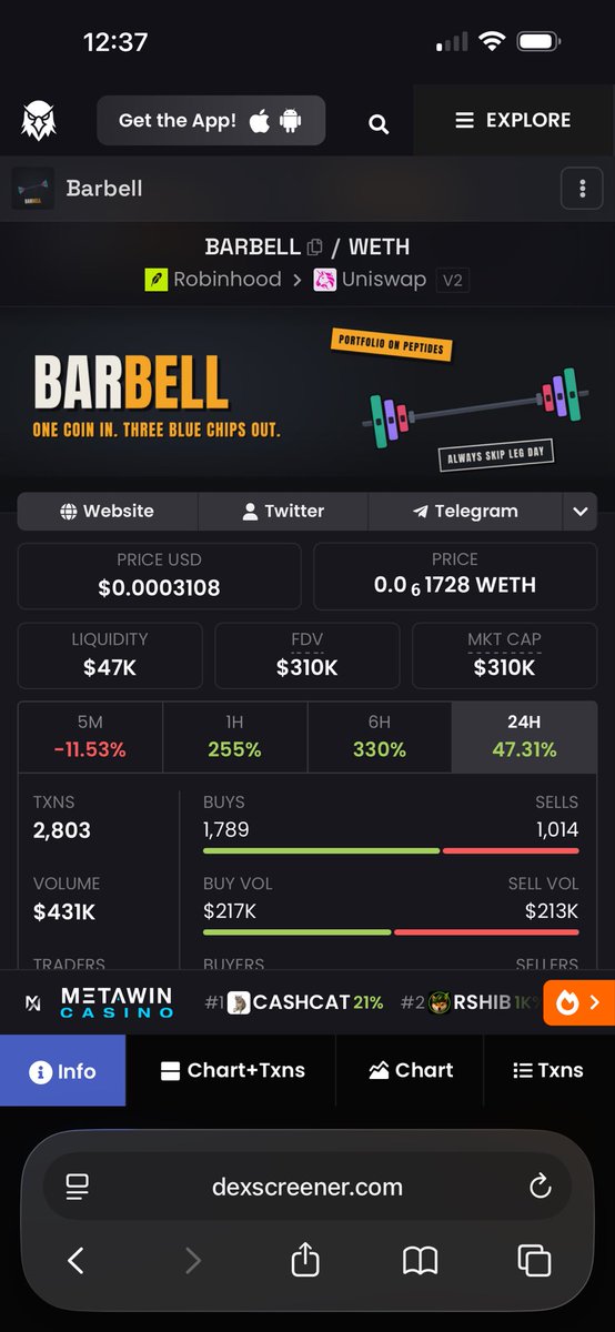 Calicrib's tweet photo. Buying some $barbell here, next stop 1m?

0x0a713a88e05787d455954dabdba3b69a92518505 https://t.co/bakYEuAGqP