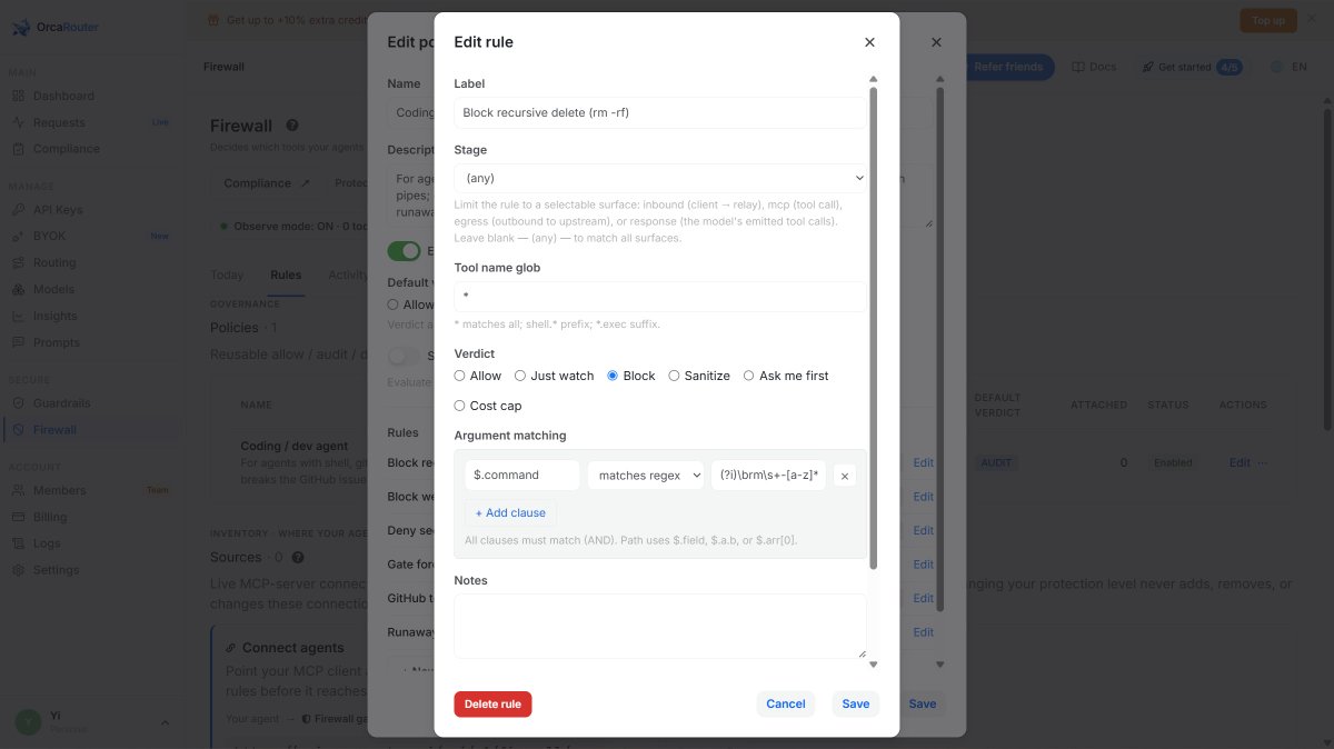 OrcaRouter's tweet photo. AI agents don't need just smarter models. They need guardrails and firewalls.

Incidents like this are exactly why we built the OrcaRouter Agent Firewall.

🛡️ Block rm -rf
✋ Require approval for risky commands
🔒 Protect secrets & sensitive files
💸 Stop runaway agent loops

Coming soon: Bring your own Codex subscription to OrcaRouter with the same security.