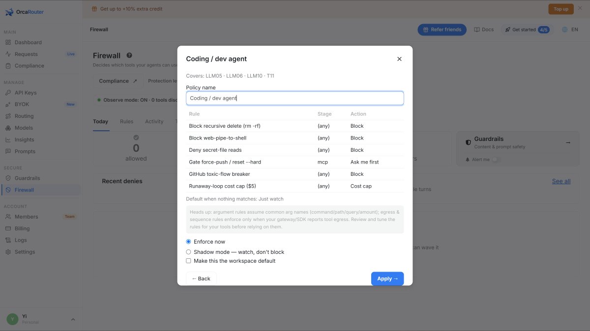 OrcaRouter's tweet photo. AI agents don't need just smarter models. They need guardrails and firewalls.

Incidents like this are exactly why we built the OrcaRouter Agent Firewall.

🛡️ Block rm -rf
✋ Require approval for risky commands
🔒 Protect secrets & sensitive files
💸 Stop runaway agent loops

Coming soon: Bring your own Codex subscription to OrcaRouter with the same security.