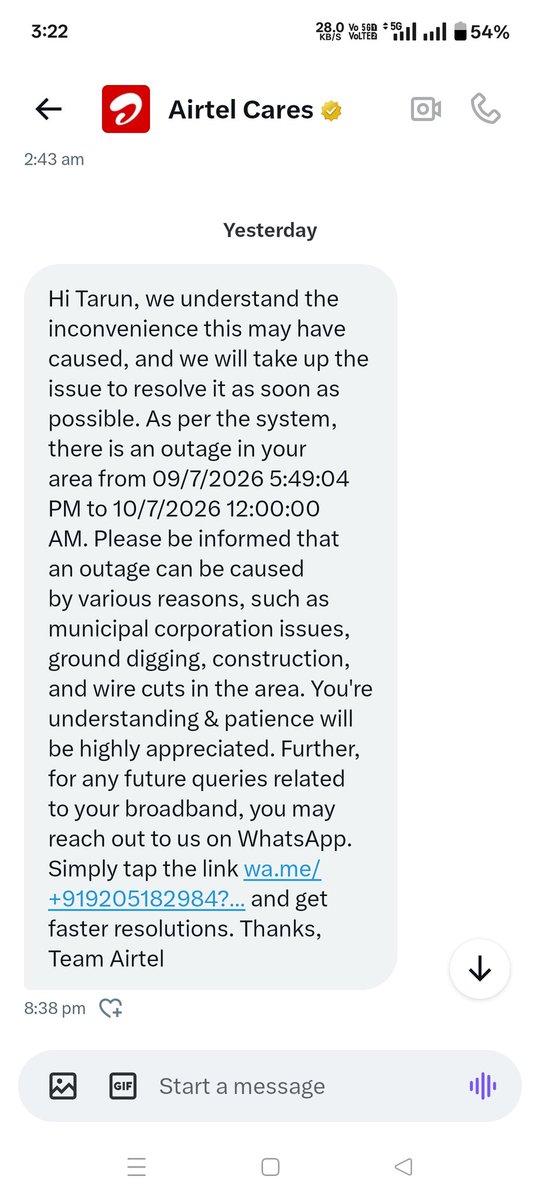 TarunYouTuber's tweet photo. @Airtel_Presence @airtelindia @airtelnews @ConsumerHelpBBR @TRAI @JioCare @News1IndiaTweet Airtel Internet कनेक्टिविटी 4 दिन से बन्द है ,airtel ने बताया कि इसे 10 तारीख तक सही कर दिया जाएगा लेकिन अभी तक (11 तारीख) Internet सर्विस (Fiber) काम नही कर रहा है। https://t.co/UjrDQsN9s8