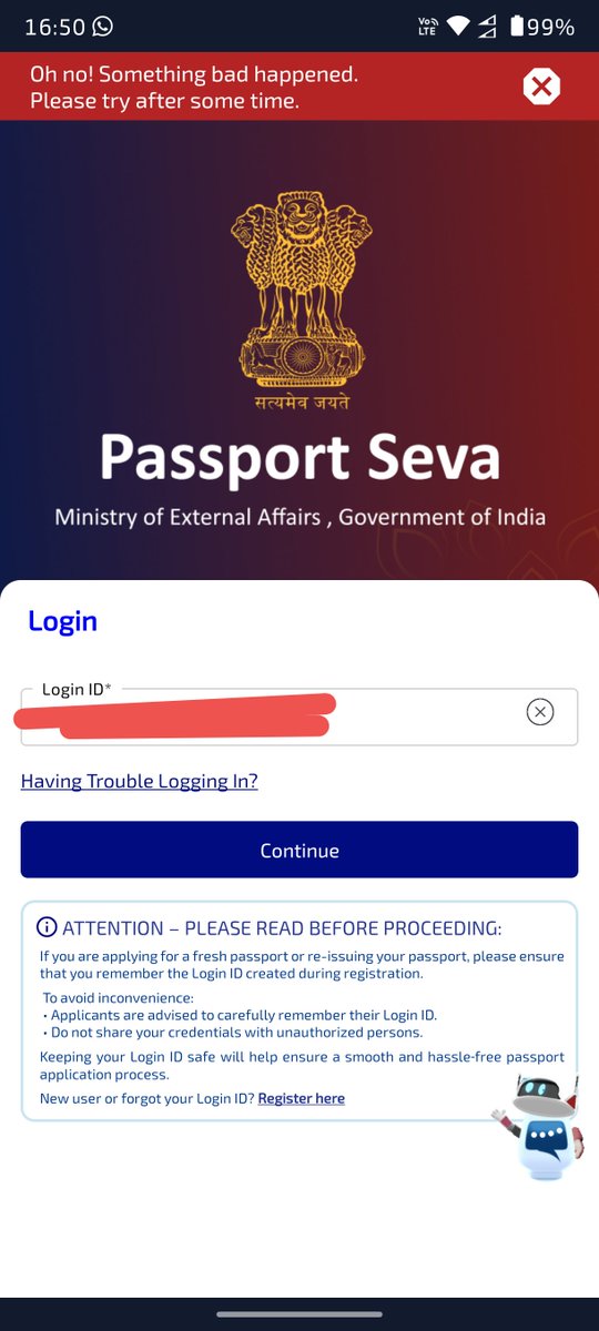 Gangal_HD's tweet photo. @passportsevamea this issue persists since yesterday. I am trying to renew the passport however unable to log in. Kindly look in to it and resolve log in issue. https://t.co/coSE1zG1Am