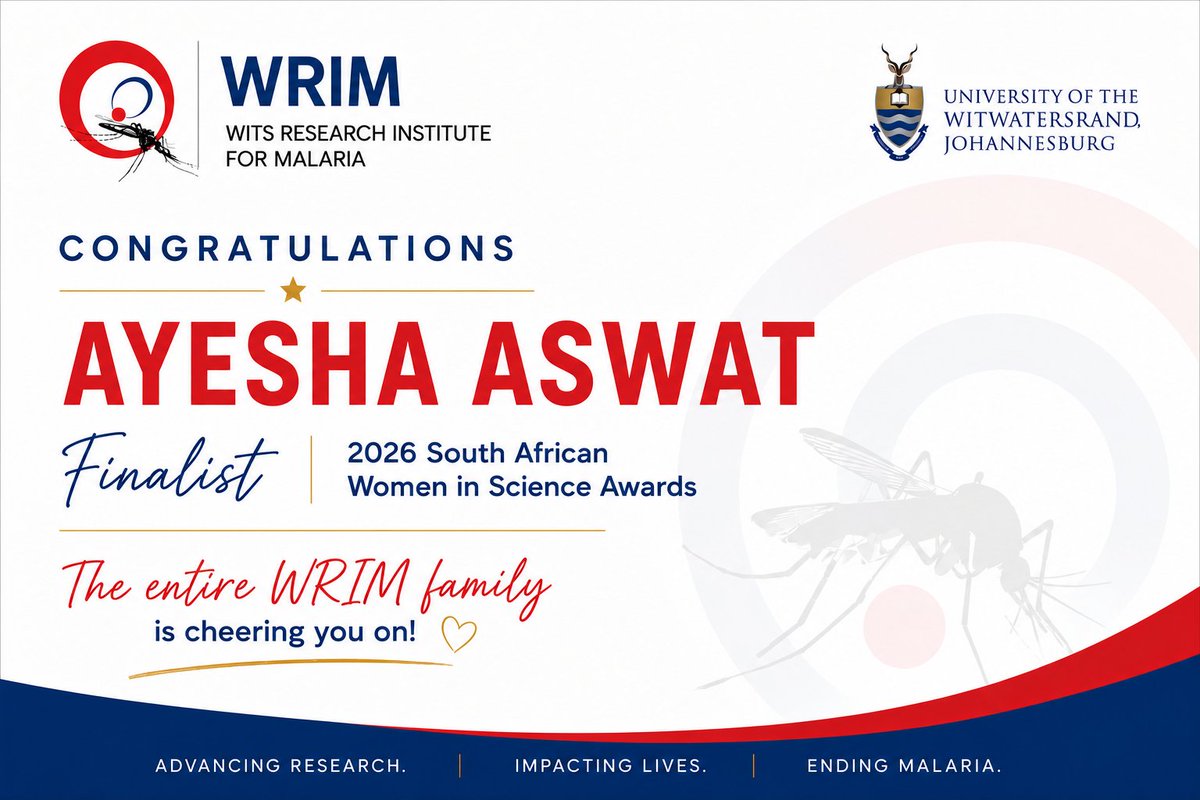WITS_Malaria's tweet photo. Congratulations Ayesha for being the finalist for the 2026 SAWISA and wishing you best for the final outcome #womenInSceince https://t.co/gmYr1OuQHQ