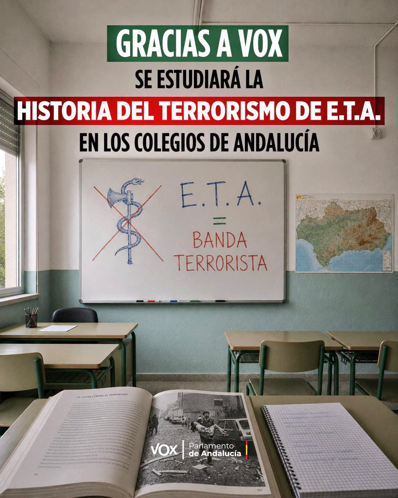 manelmarquez's tweet photo. En Andalucia, VOX y PP le explicarán a los estudiantes, que ETA asesinó a 14 personas; pero nada les dirán de los franquistas que asesinaron a 50.000 republicanos andaluces, muchos de los cuales siguen tirados en las cuentas.
No es historia es el fascismo que vuelve a resurgir. https://t.co/fiZk2X6eJS