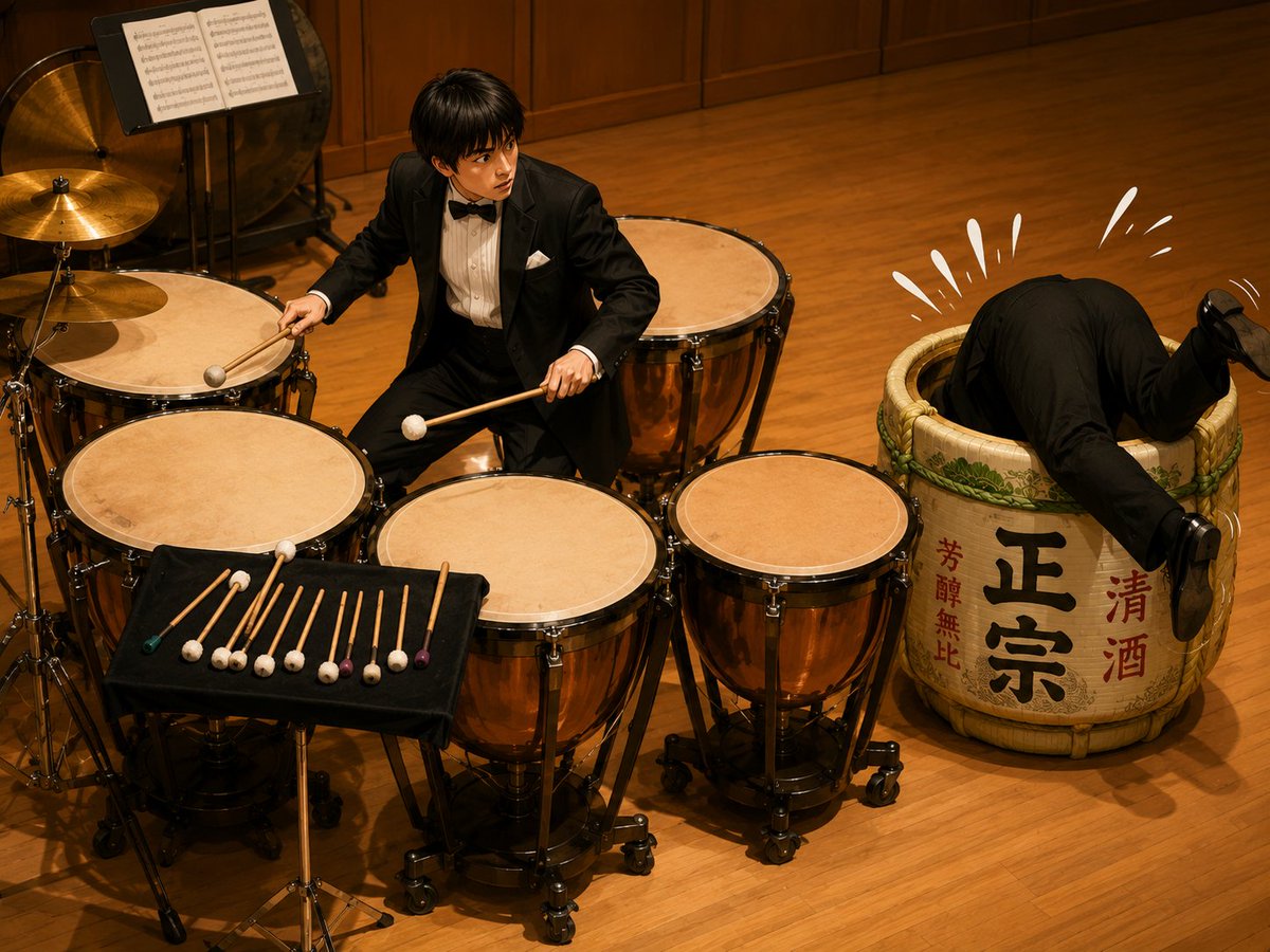 amadeus_mozart's tweet photo. ティンパニ協奏曲の本番で、打ち上げまで我慢できないメンバー。 https://t.co/a9eiJrao8R