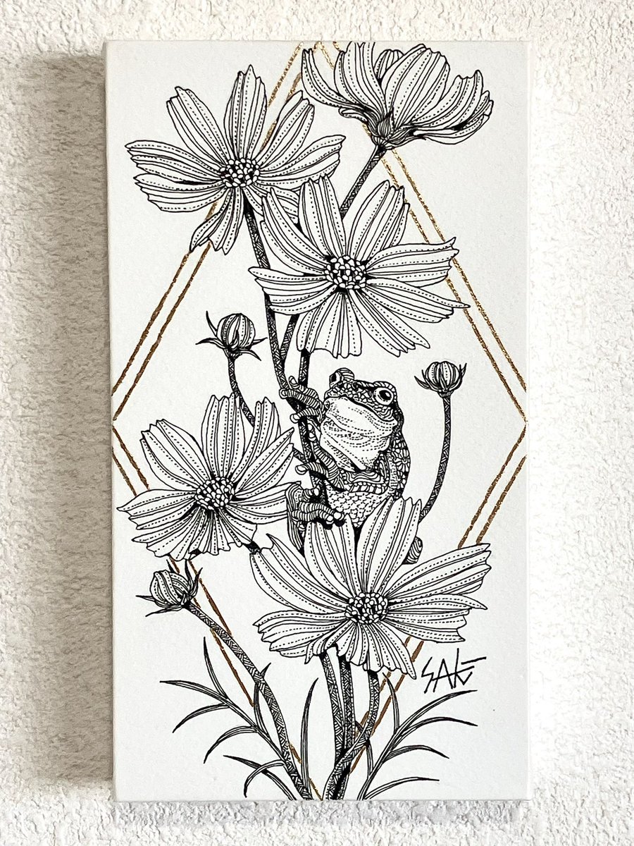 Light（ボールペン画）原画 🐸 花宿り - 秋桜- 🌼 (180×100mm) ----- Saki原画展 『ボールペンで