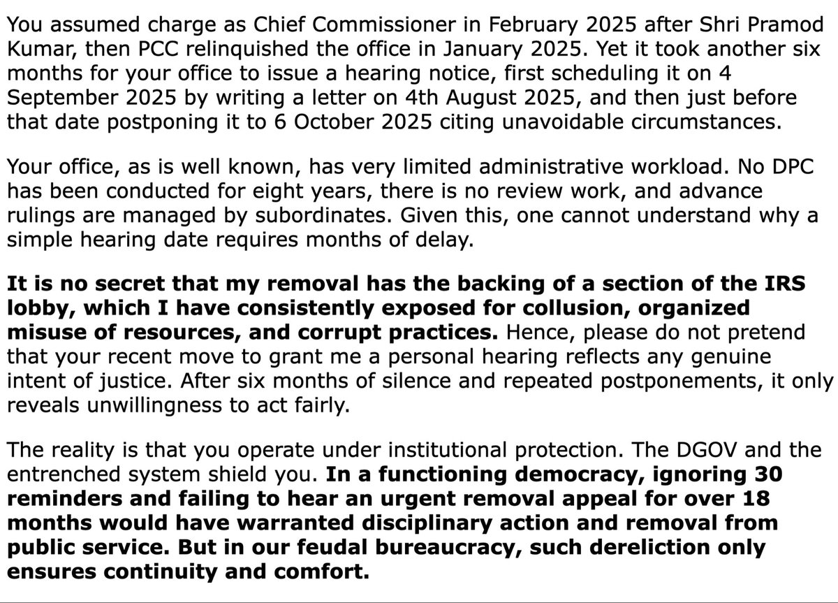 abhijatindia's tweet photo. I do not endorse Prabal Pratap’s behaviour, but he must be heard. He must have been deeply frustrated. Institutions cannot harass a person, ignore his grievances, deny him timely justice for years, and then examine only his reaction as if nothing pushed him to that point.

I also agree with the statement that a judge is a servant of the citizen. In a democracy, citizens are supreme. Every institution, every judge, every bureaucrat and every public servant derives authority from the Constitution and exists to serve citizens, not to rule over them.

See my October 2025 letter to the Chief Commissioner. I deliberately addressed him as a “Public Servant.” The letter explains how a corrupt bureaucratic lobby, protected by institutional power, loots public resources, harasses those who question it and leaves millions of ordinary citizens struggling for justice.

The real crisis is this enormous imbalance of power: public servants can destroy livelihoods, harass citizens and delay justice for years, while making those responsible personally accountable is almost impossible.

This is how citizens are reduced from masters of a democracy to subjects of a feudal State.

@SuparnaSharma @khurpenchh @VivekGa54515036 @NaukarshahiGems @FinMinIndia 

#CitizenSupreme #PublicServants #JudicialAccountability #BureaucraticAccountability #JusticeDelayed #RuleOfLaw #CitizenRights #AdministrativeReforms #EndFeudalBureaucracy #Democracy