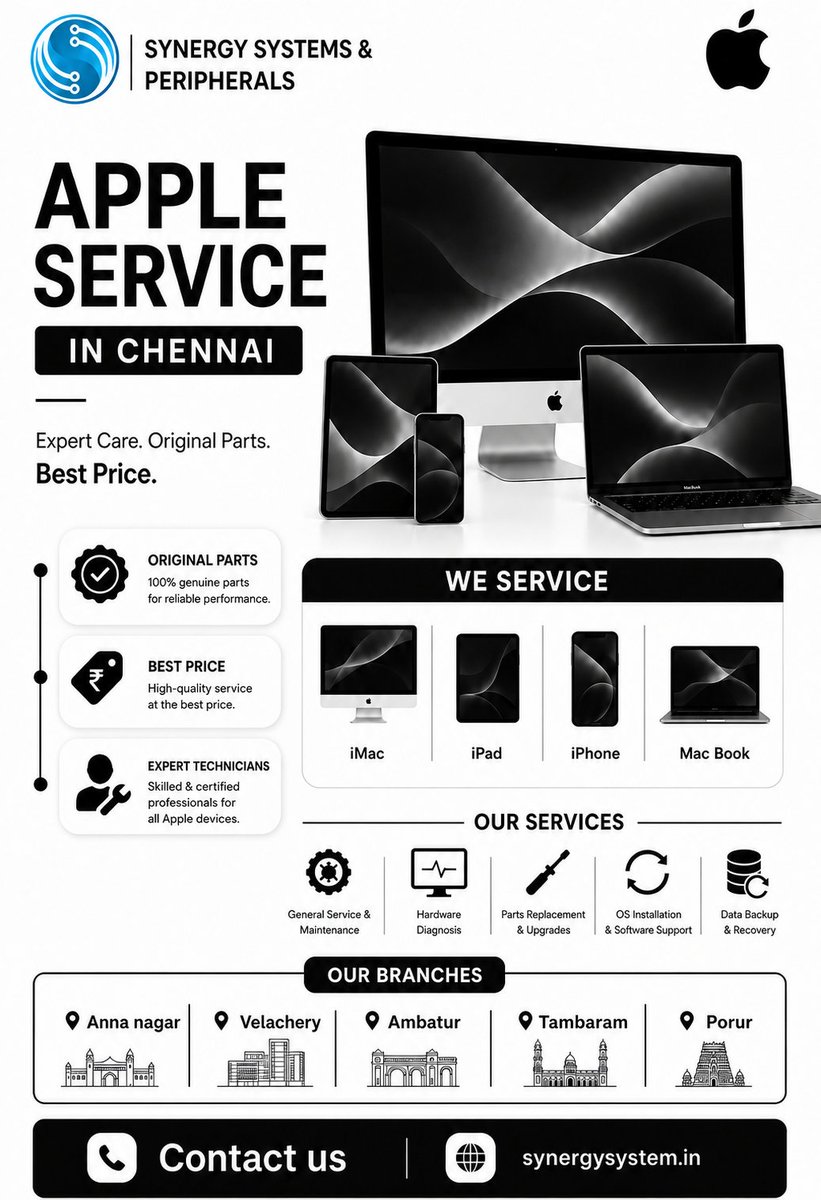 and_synerg17231's tweet photo. 🍎 Your Apple Devices Need Good Care!
We have experts who can fix your MacBooks, iMacs, iPads and other Apple products in Chennai.
📞 Call us: +91 95519 13312
🏢 Synergy Systems & Peripherals
#AppleService #MacBookRepair #AppleSupport #MacService #AppleProducts #Chennai #Laptop https://t.co/zV8ZOcWsqS