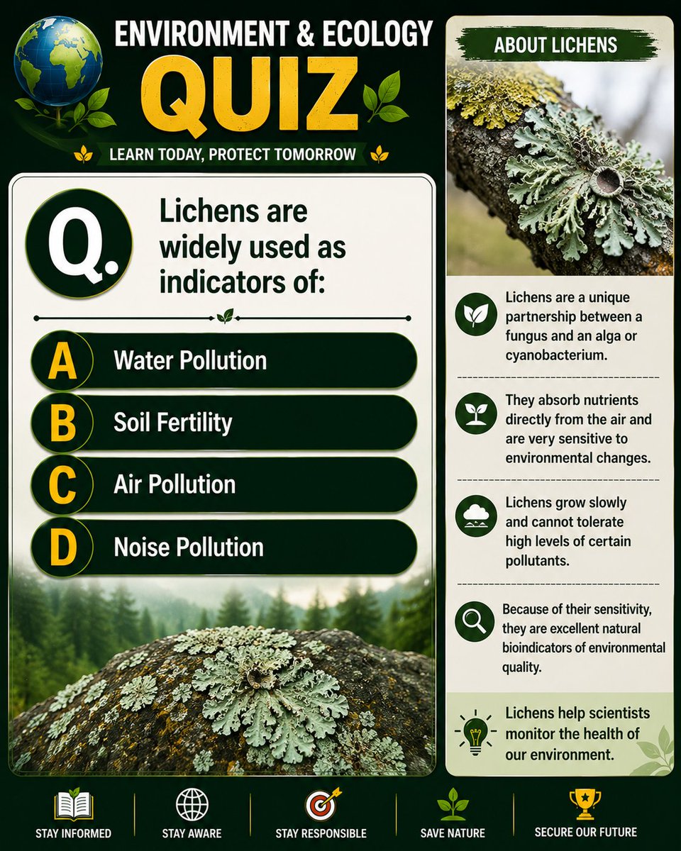 cematerial's tweet photo. General Knowledge:
Lichens are widely used as indicators of:
#Generalknowledge #UPSC #SSC #RRB #CompetitiveExams #BPSC #UPSC2026 #environment https://t.co/46HyQLVSFM