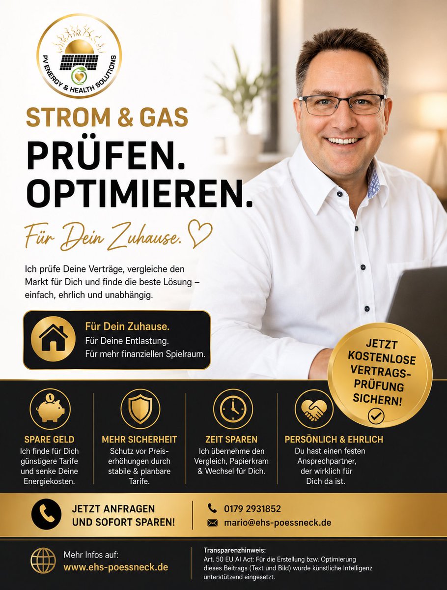 ehs_pn's tweet photo. ⚡ Strom- oder Gasvertrag seit Jahren nicht geprüft?

Ich prüfe kostenlos und unabhängig, ob Dein Tarif noch zu Dir passt – ehrlich, transparent und persönlich.

📞 0179 2931852
🌐 https://t.co/2tGNi81Fmj

Transparenzhinweis: Art. 50 EU AI Act: Text und Bild mit  KI erstellt. https://t.co/egdd39lsi4