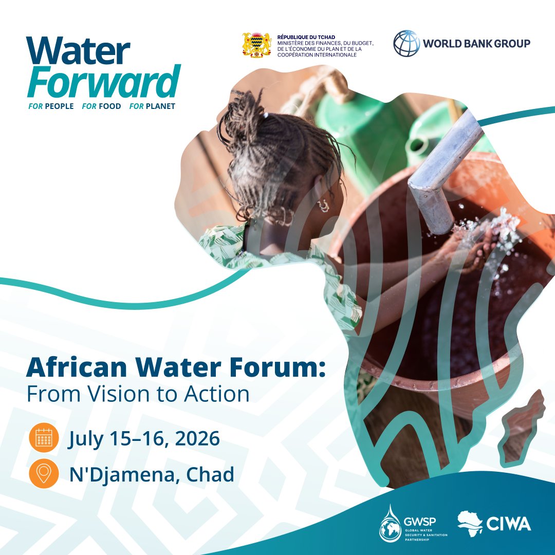 WorldBankWater's tweet photo. Following the launch of #WaterForward, African leaders, heads of regional institutions, development partners &amp; the private sector are convening in #Chad at the African Water Forum to accelerate investments and regional cooperation for water security.

👉 https://t.co/eXhL0uQNij https://t.co/n5JtpDOafu