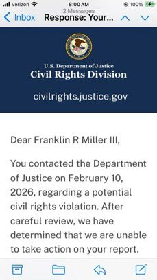 MillerIIIF's tweet photo. # Timely … @DAGToddBlanche …
@AGPamBondi
@PamBondi
@TheJusticeDept …
DOJ Civil Rights
Division ! …
@CivilRights …
@DOGE_DOJ
July 11, 2026 @ 12:17 AM …
Where have you been
“ #timely with your responses from your fellow citizenry’s inquiries ( me Franklin R Miller III 😉🙏☝️) … ?
Acting Attorney General
#ToddBlanche …
@DAGToddBlanche …
@AGPamBondi …
#AGPamBondi …
You’ve both had since February 10, 2026 in which to respond !
Please see ‘ X ‘ message below regarding the outstanding issue awaiting a long overdue response …
———————————-
A reminder of your public servant responsibilities …
https://t.co/w6nOby79o5
———————————-
@Freedom250 …
@FrankJBisignano …
@ArjunMody …
@POTUS & @FLOTUS
@VP @WhiteHouse …
@JoeBiden …
@DrBiden …
@UDBidenInst …
@BarackObama …
Former #Constitutional
Law Professor at the
University of Chicago
Law School @UChicagoLaw
from 1992-2004 …
@MichelleObama …
@LauraBushFdn
@BillClinton
@HillaryClinton
@RockefellerFdn …😉…
https://t.co/ctH0xbiNvT …
Karoline Leavitt …
@PressSec …
Karoline Leavitt
@ karolineleavitt …
Iris Tao @IrisTaoTV …
Weijia Jiang
@Weijia Jiang President Of …
The White House Correspondents' Association
WHCA
@whca …
Jamie Dimon, CEO …
https://t.co/sStdybOmx6
@JPMorgan Chase & Co. …
Marco Rubio …
@SecRubio …
———————-
Jay Clayton to replace Tulsi Gabbard as Director of National Intelligence …
#JayClayton …
William J. Pulte …
https://t.co/p3RPjvvw6M
https://t.co/h2lGSShUZ1
https://t.co/Bew9cf0lPO
DNI Tulsi Gabbard
@DNIGabbard …
Serving as the 8th Director of National Intelligence …
Tulsi Gabbard
@ODNIgov
@ TulsiGabbard
https://t.co/KfTehj0Qjc
———————-
Markwayne Mullin
@SenMullin …
Markwayne Mullin @MarkwayneMullin …
Kristi Noem
@ Sec_Noem …
Kristi Noem
@EnvoyNoem …
https://t.co/lnnXklLL0L
Homeland Security
@DHSgov …
@FBIDirectorKash
@Kash_Patel
@ AlexisWilkins …
Deputy Director of the FBI …
Dan Bongino
@dBongino …
@FBIPhiladelphia …
Ben Williamson
Assistant Director for Public Affairs at the FBI …
@_WilliamsonBen …
Acting Attorney General
Todd Blanche
@ DAGToddBlanche …
@ AGPamBondi
@ PamBondi
@ TheJusticeDept …
DOJ Civil Rights
Division ! …
@ CivilRights …
@ DOGE_DOJ
Judicial Watch
@JudicialWatch …
Rep. Anna Paulina Luna
@RepLuna …
Sen. Marsha Blackburn
@MarshaBlackburn …
‘S e c r e t’ary of ‘W a r’
Pete Hegseth
@SecWar …
Pete Hegseth
@PeteHegseth …
Selective Service System …
@SSS_Gov …
https://t.co/JUyGKwCV0M
———————————-
Secret Service …
@SecretService …
———————————-
July 11, 2026 @ 12:53 AM …
