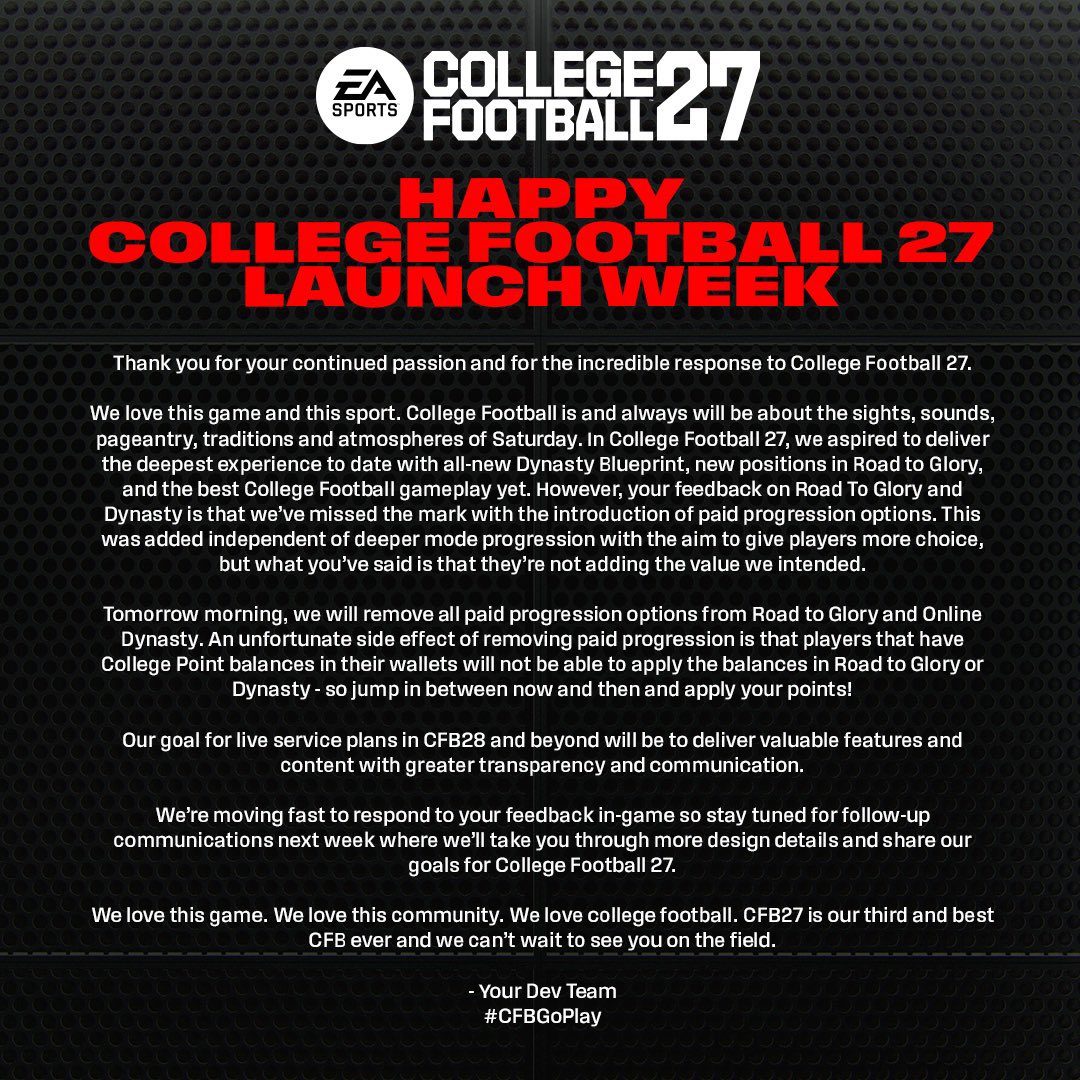CFBKings's tweet photo. BREAKING: EA is removing all of the microtransactions from Online Dynasty and Road to Glory in CFB27.

They listened and the community won 🙌 https://t.co/ZrUPlDadBs
