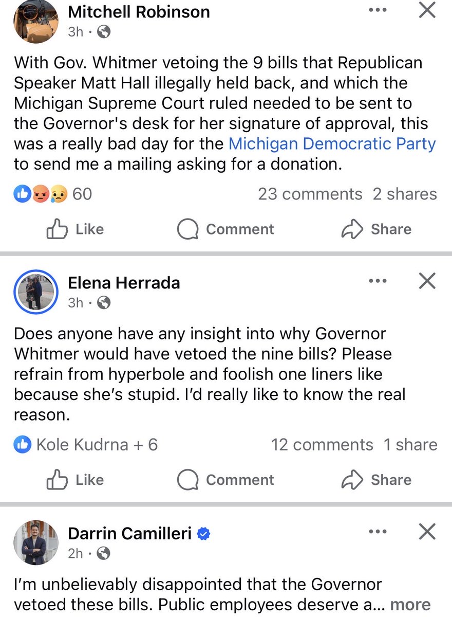 samueljrob's tweet photo. Democratic politicians and candidates are criticizing Gov. Whitmer for vetoing bills passed by House Democrats in 2024, forced to her office by the MI Supreme Court after being stalled by Republicans. https://t.co/REmJieCNZ4