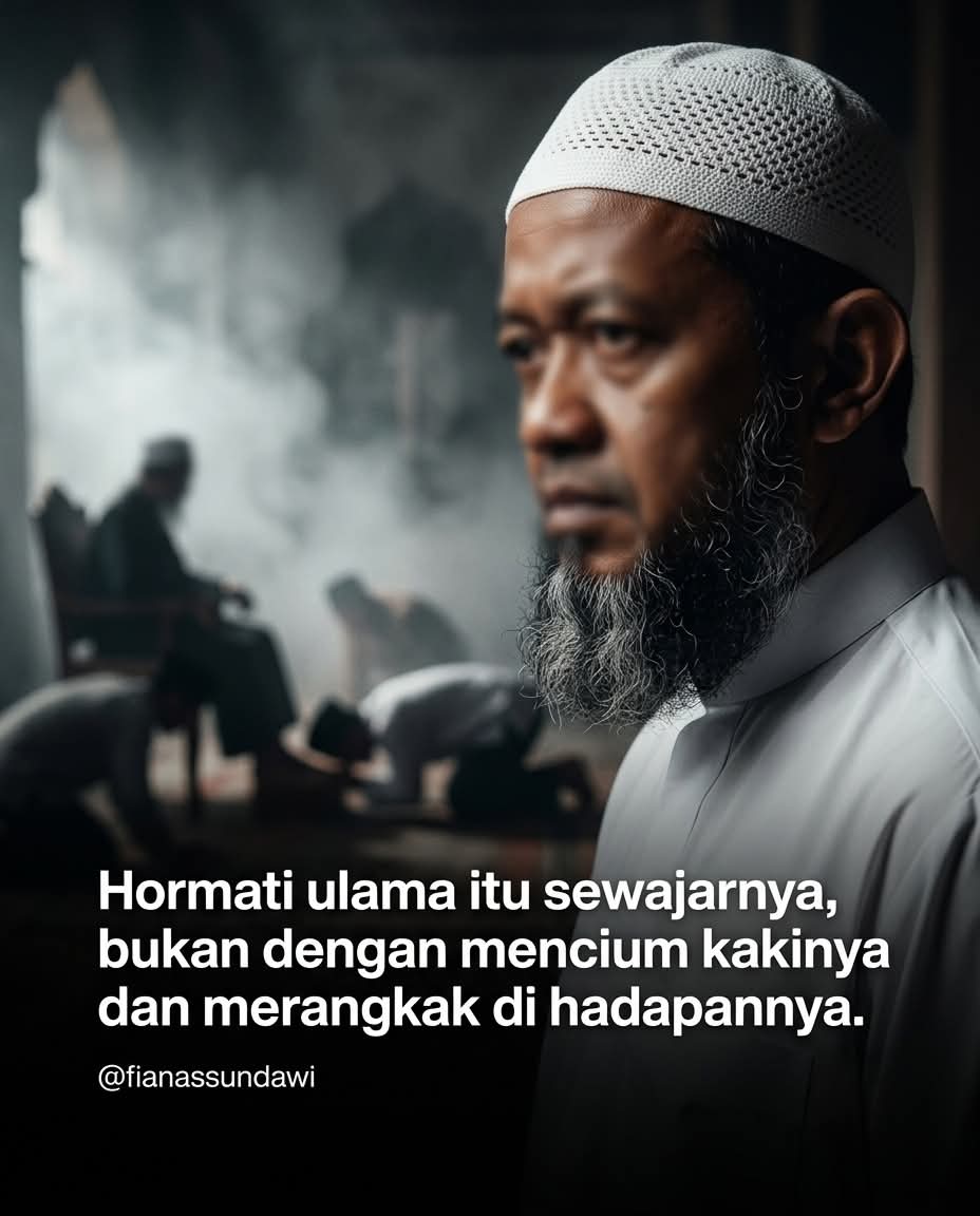 fotodakwah's tweet photo. Menghormati guru dan ulama adalah hal yang dianjurkan, tetapi mengubah penghormatan itu menjadi pengkultusan ekstrem seperti mencium tangan bolak-balik tanpa henti, mencium kaki, hingga merangkak di lantai adalah kekeliruan besar. Tindakan berlebihan ini justru merendahkan martabat kemanusiaan yang seharusnya setara di hadapan pencipta.
