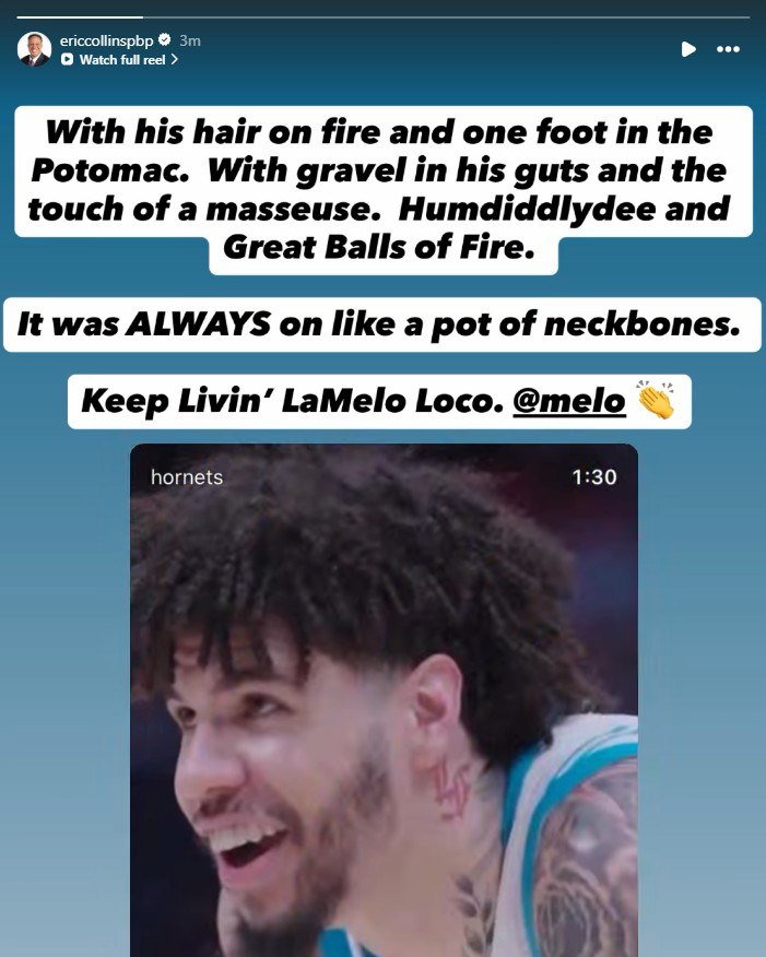 HornetsReddit's tweet photo. Eric Collins with a heartfelt send-off to LaMelo Ball following the trade:
