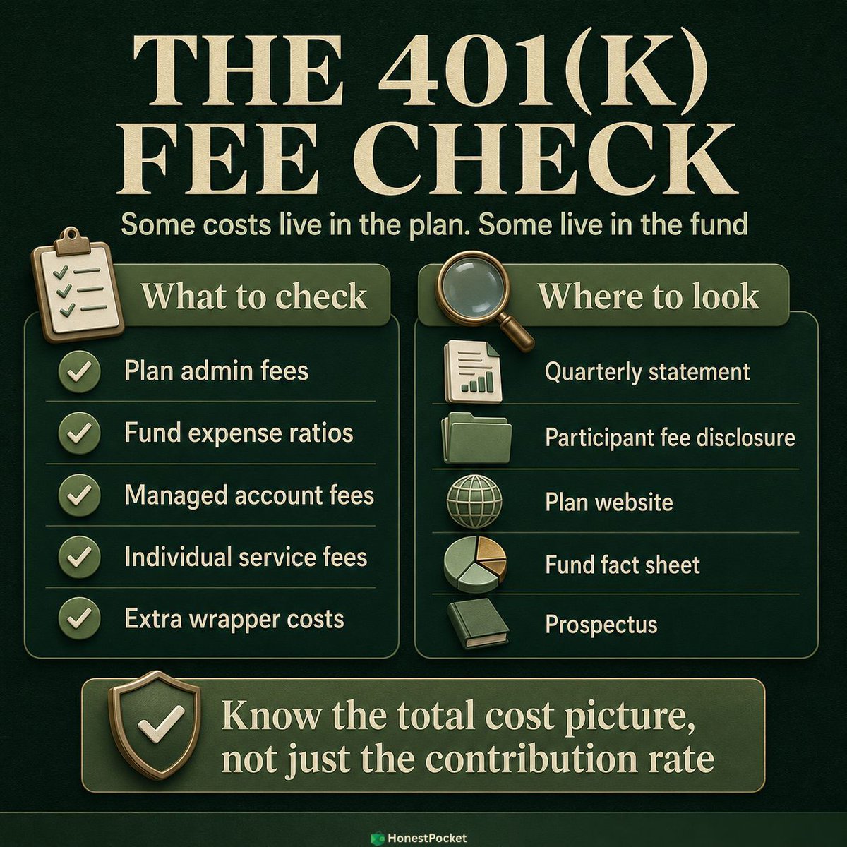 HonestPocketHQ's tweet photo. A solid 401(k) check is not just contribution rate and performance. Look for plan admin fees, fund expense ratios, managed account fees, and individual service fees. Costs can live in more than one place. #HonestPocket #401k #RetirementPlanning #PersonalFinance #MoneyTips https://t.co/F4P1k1FtCh