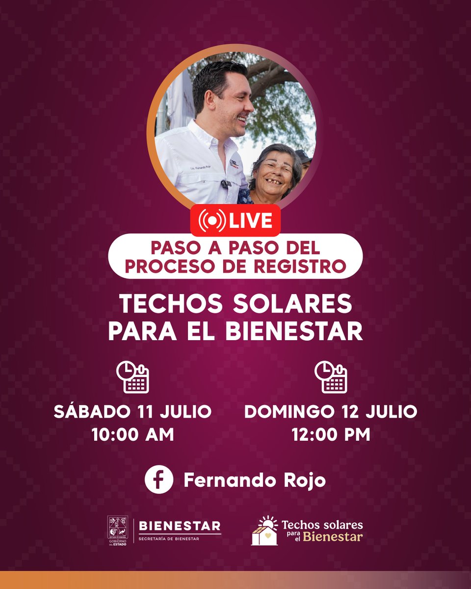 FernandoRVM's tweet photo. ¿Tienes dudas sobre el programa Techos Solares para el Bienestar? ☀️

Este fin de semana estaré en vivo, sábado y domingo, para acompañarlos en el paso a paso del proceso de registro del programa impulsado por la presidenta @Claudiashein.

Junto al gobernador @AlfonsoDurazo, queremos que ninguna familia interesada se quede sin esta información.