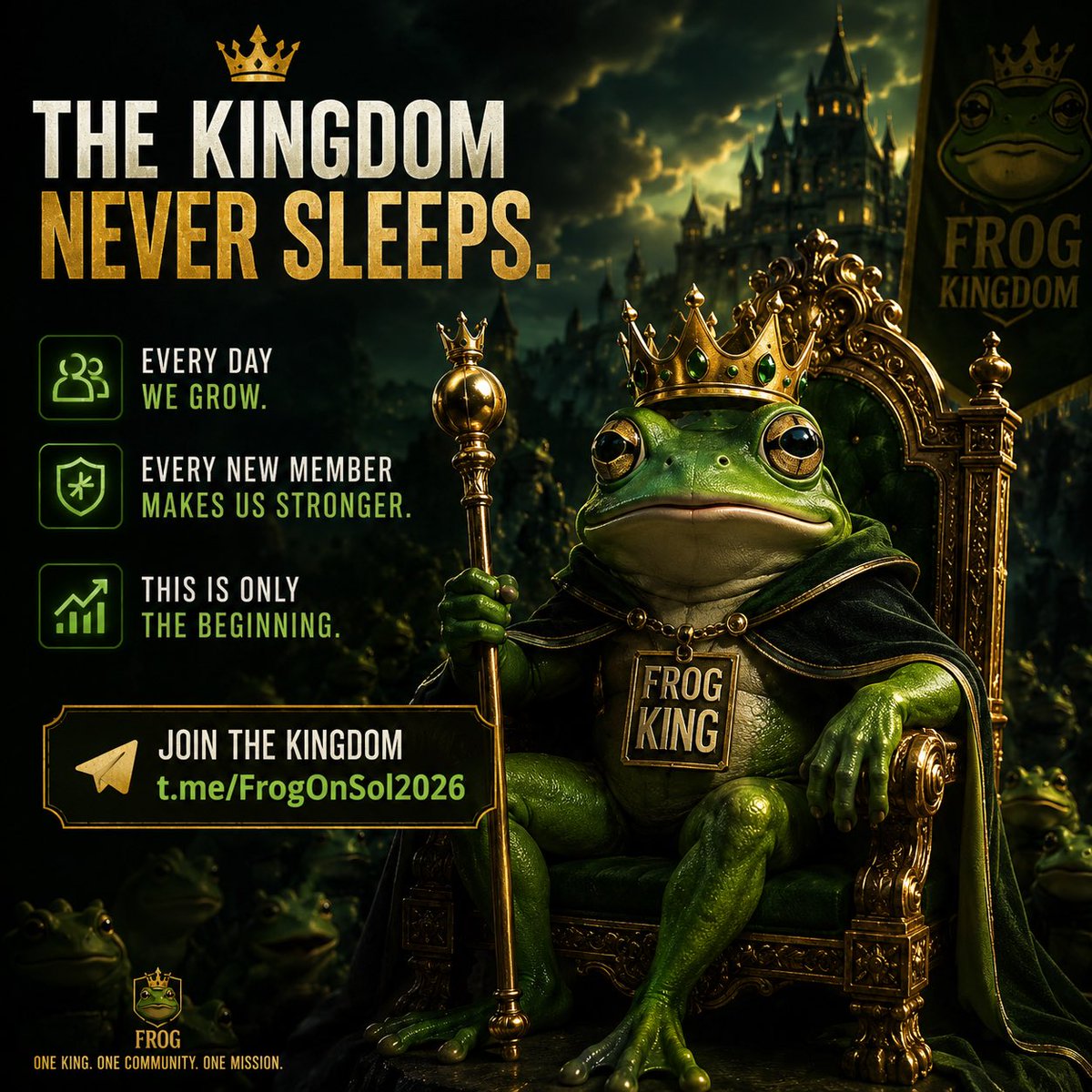 FrogOnSol2026's tweet photo. The Kingdom never sleeps. 👑

Every day we grow.

Every new member makes us stronger.

This is only the beginning.

🐸👇

https://t.co/6HnpolQncq https://t.co/Q5XygKsOit