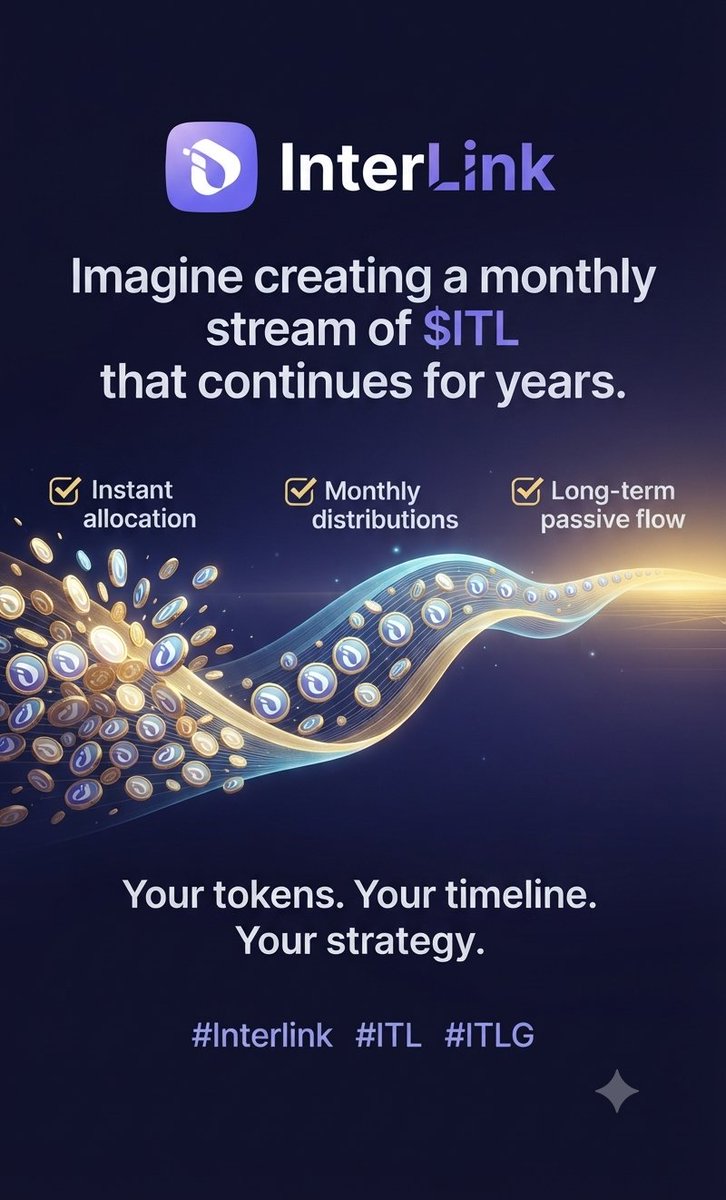 MuhammadBa70662's tweet photo. Imagine creating a monthly stream of $ITL that continues for years.
With InterLink's flexible Vesting mechanism, you choose:
✅ Instant allocation ✅ Monthly distributions ✅ Long-term passive flow
Your tokens. Your timeline. Your strategy.
#Interlink #ITL #ITLG #ITLX https://t.co/qPOYjEIKas