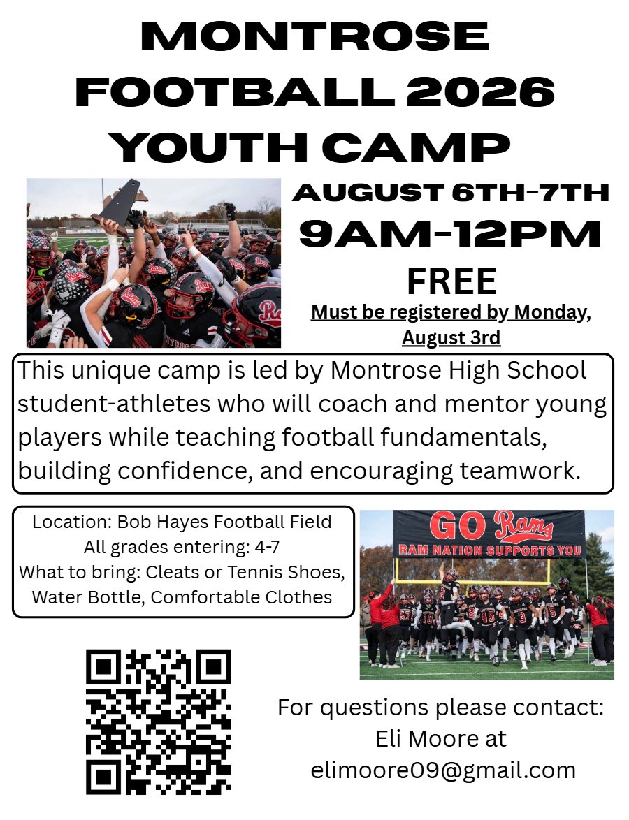 elimoore_5's tweet photo. I’m excited to host my first Youth Football Camp for students entering grades 4–7! I’ll be joined by my Montrose teammates as we teach football fundamentals, compete, and have fun. We’d love to see you there! https://t.co/eKzlxS2JMs