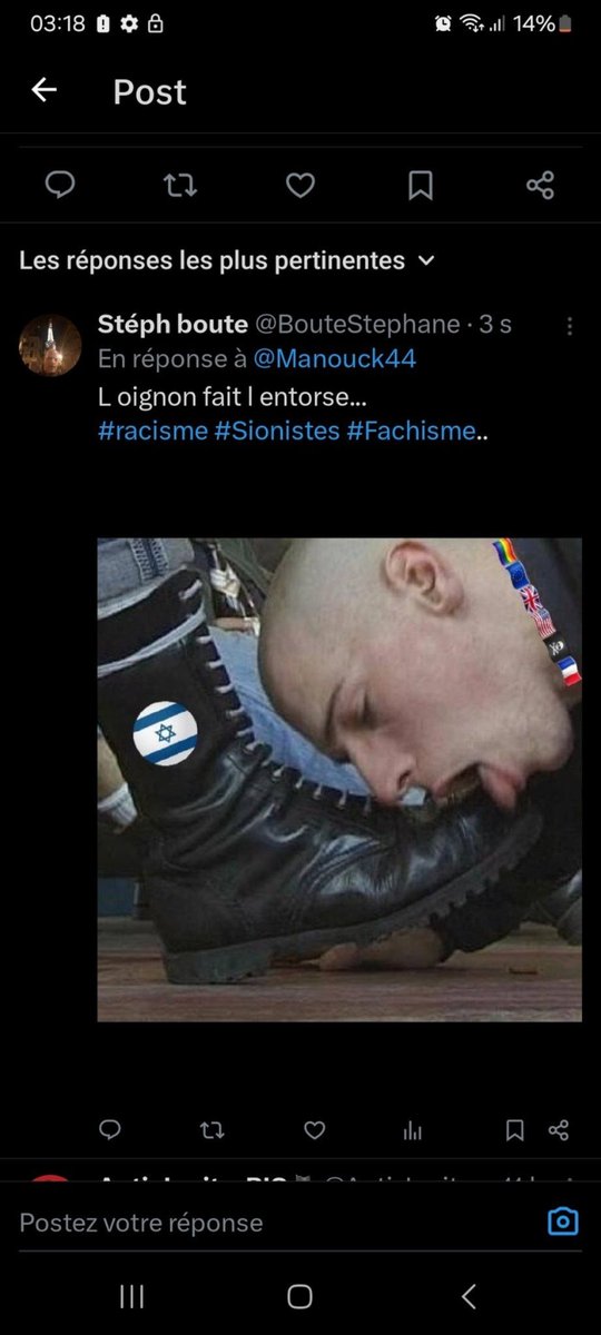 BouteStephane's tweet photo. @FranceRsistanc1 @Elissamaiss Le #Nazisionisme n est pas une légende .
Pas plus de respect pour les #sacamerdes qui ont faits #eborgner mon peuple ,que pour les FDP qui les ont applaudis..... https://t.co/6ugm5CWwJ0
