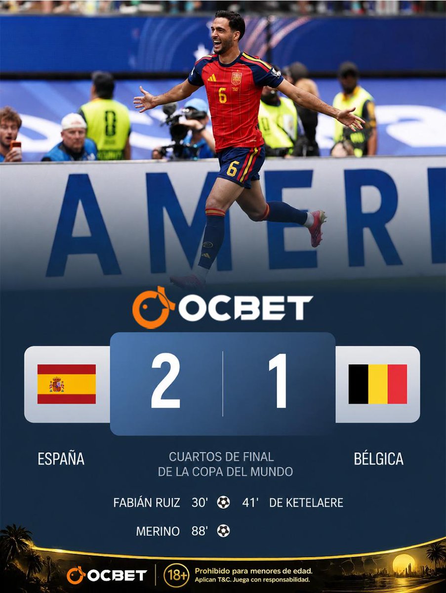 ocbetmx's tweet photo. 🇪🇸 ¡España está en semifinales! 🔥

La Roja venció 2-1 a Bélgica y aseguró su lugar entre los cuatro mejores del Mundial 2026. 💥 https://t.co/uqOoqnJwhL