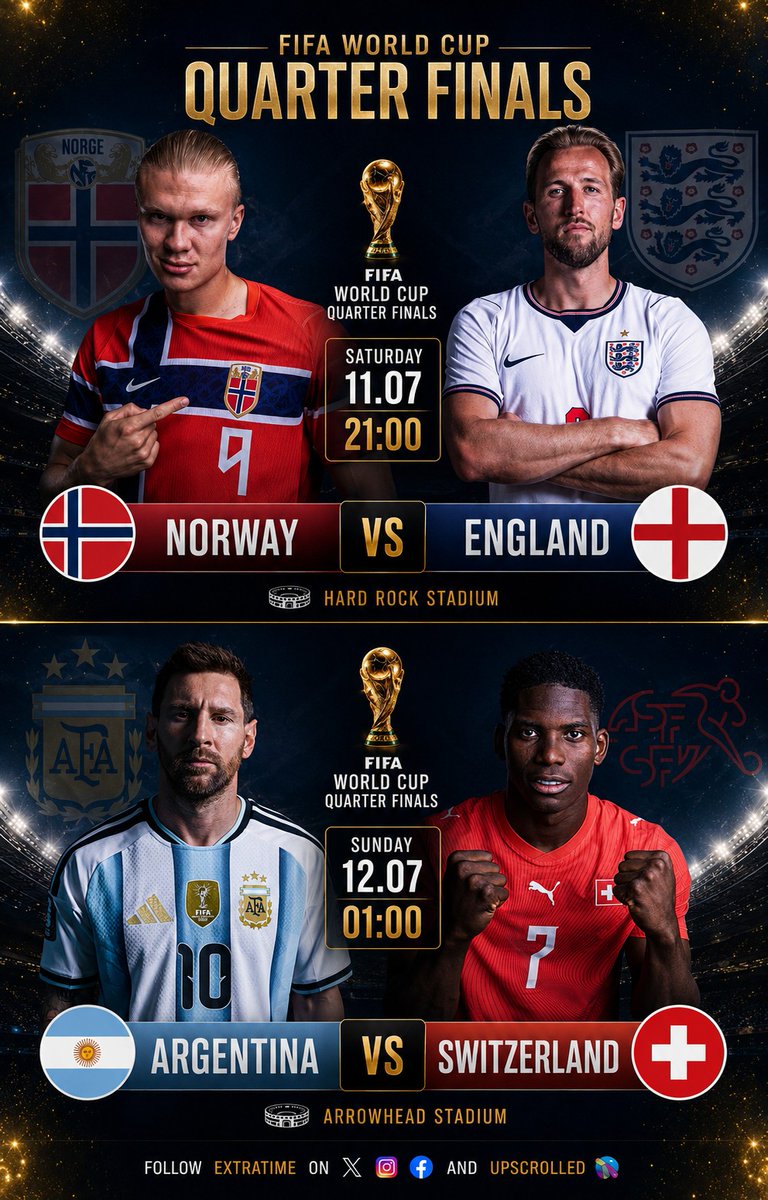 FTextraTime's tweet photo. THE QUARTERFINALS CONCLUDE! ⚔️🏆🇳🇴 Norway v England 🏴󠁧󠁢󠁥󠁮󠁧󠁿 | Saturday, 21:00🇦🇷 Argentina v Switzerland 🇨🇭 | Sunday, 01:00Two spots remain in the final four. Who fills them? ⬇️ #FIFAWorldCup #WorldCup2026 #ThreeLions #LaAlbiceleste https://t.co/zf8REhtTyD
