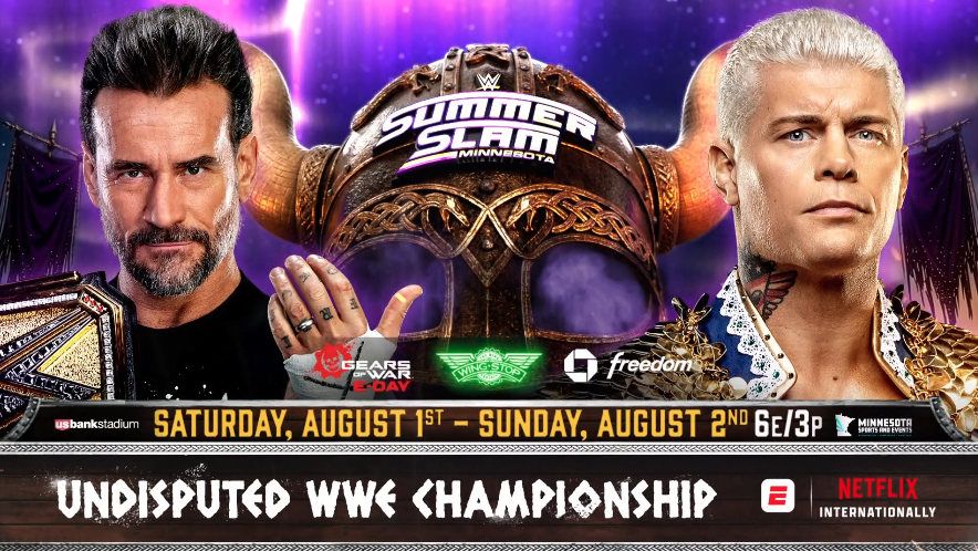 WWE's tweet photo. CM PUNK vs. CODY RHODES
UNDISPUTED WWE CHAMPIONSHIP MATCH
#SummerSlam 

📍: Minneapolis, MN
🎟️: https://t.co/NCo5yBBF5n https://t.co/upvfSEAgin